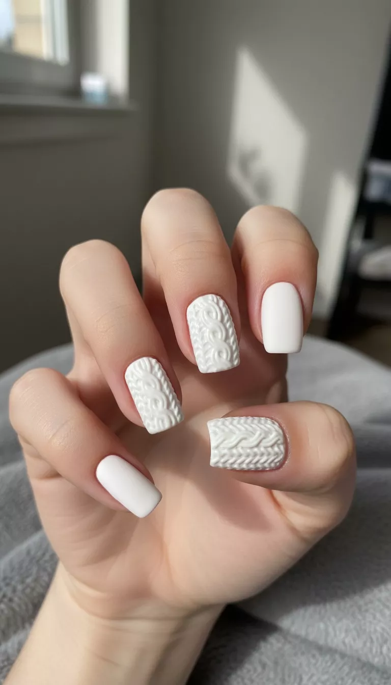 White Sweater Knitted Texture close-up shot of a woman’s hand with five fingers showing nails with an entirely opaque, crisp white matte polish, featuring raised, textured lines meticulously applied with gel polish to mimic the look and texture of a cozy knitted cable sweater, room background.