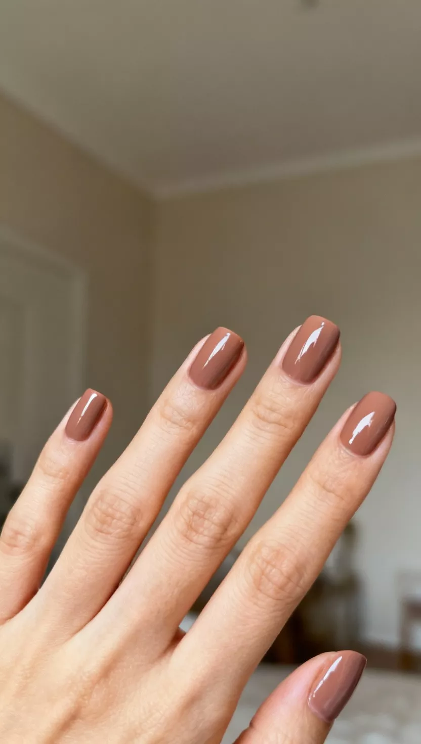 Warm Taupe Solids close-up shot of a woman’s hand with five fingers showing nails with a solid, warm taupe color polish with a slightly glossy finish, room background.