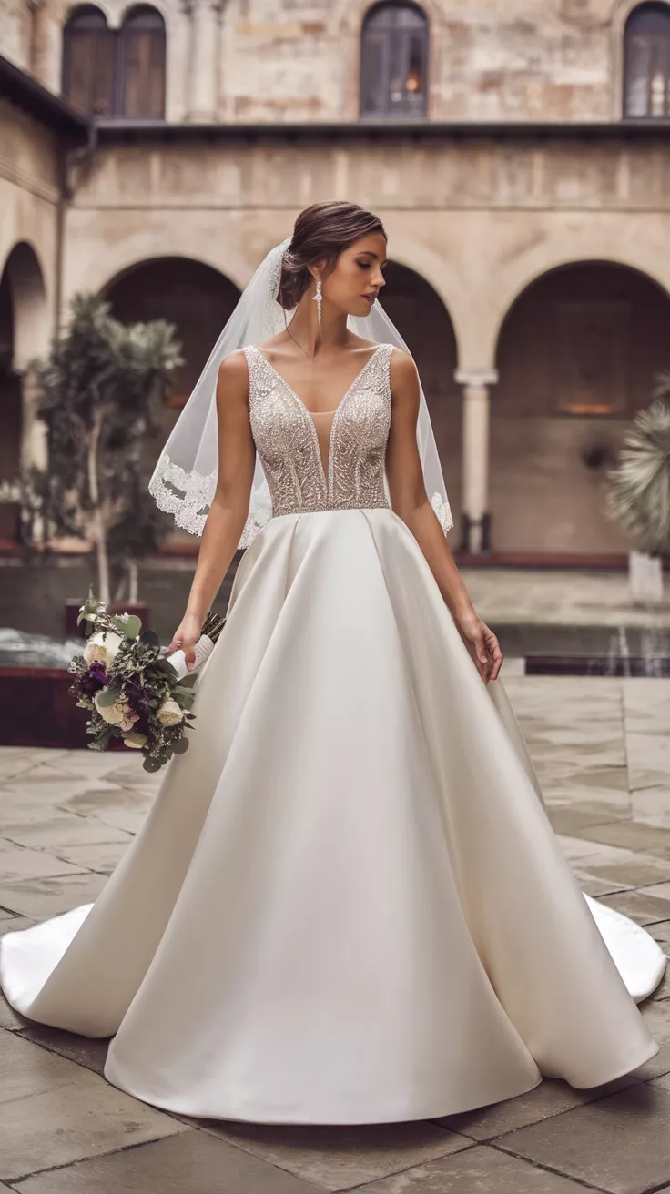 A photo of a bride wearing a classic A-line white gown with a deep V-neckline and embellished bodice, standing in a courtyard with arched structures.