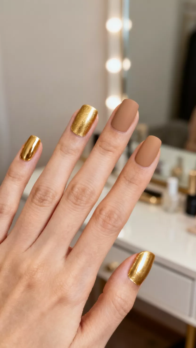 close-up shot of a woman’s hand with five fingers showing nails with the same shade of gold polish applied, but half of the nail is finished with a glossy top coat and the other half with a matte top coat, creating a subtle contrast, minimal dressing table.