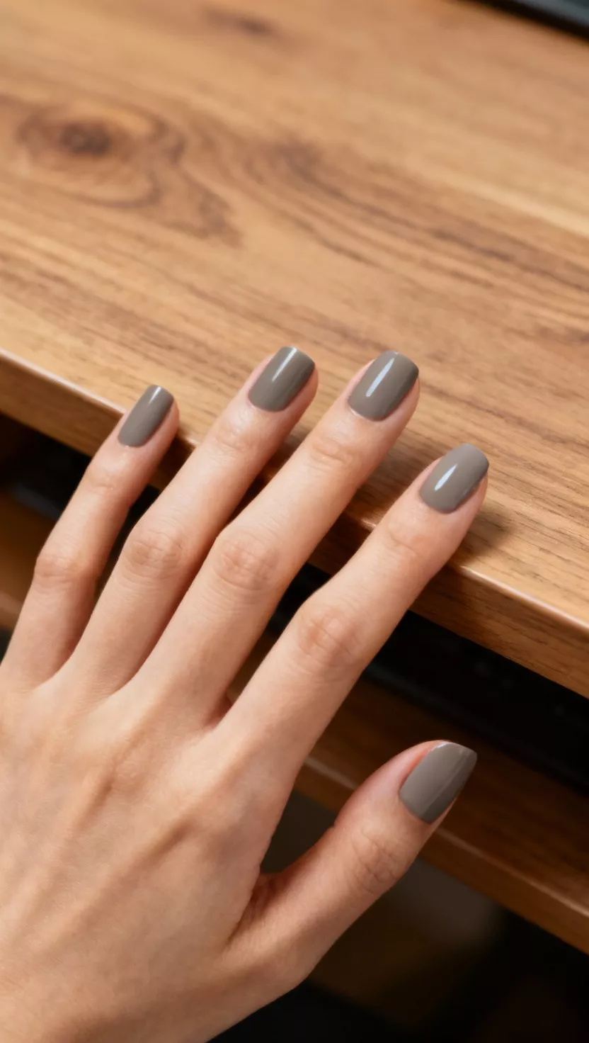 close-up shot of a woman’s hand with five fingers showing nails with a muted gray taupe polish, wooden desk background.