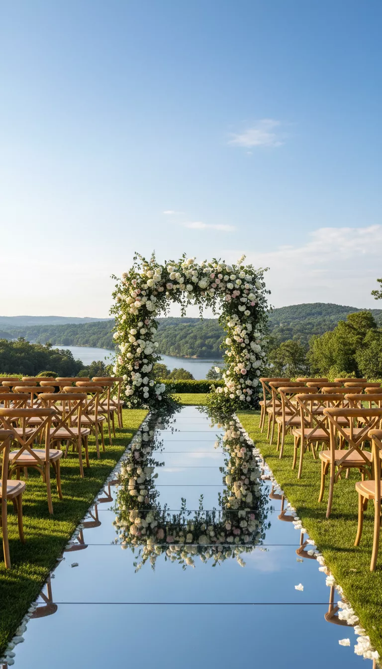Aisle of Reflection and Blooms A photo of an elegant outdoor wedding aisle featuring wooden cross back chairs, a perfectly reflective aisle path, and a lush floral archway under a bright sky.