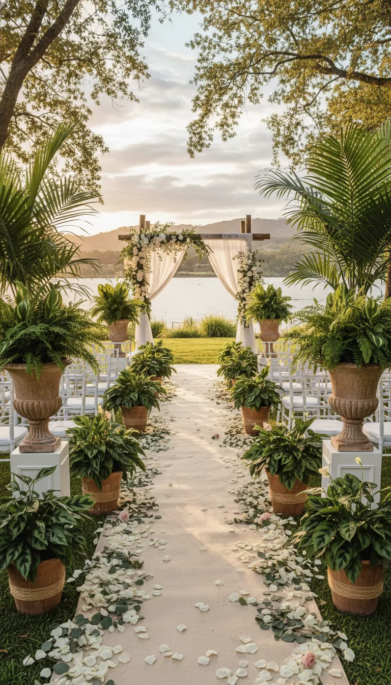 A professional photo, similar to a photo in a wedding magazine, of a group of lush, vibrant potted plants such as ferns and small tropical palms used as aisle markers in an upscale ceremony setting.