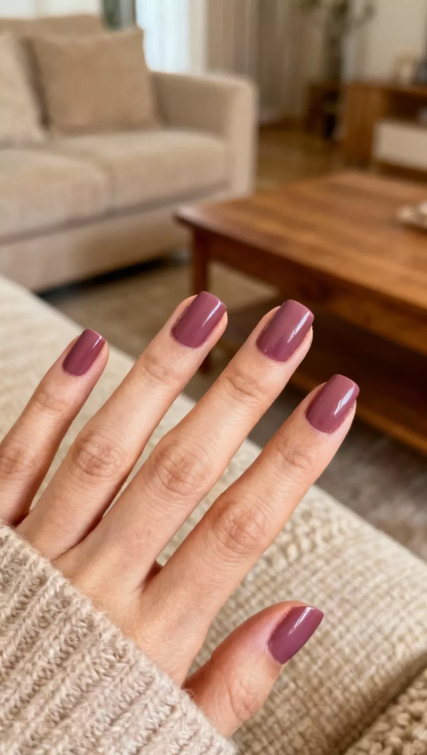 close-up shot of a woman’s hand with five fingers showing nails with a dusty rose-purple polish, living room background.
