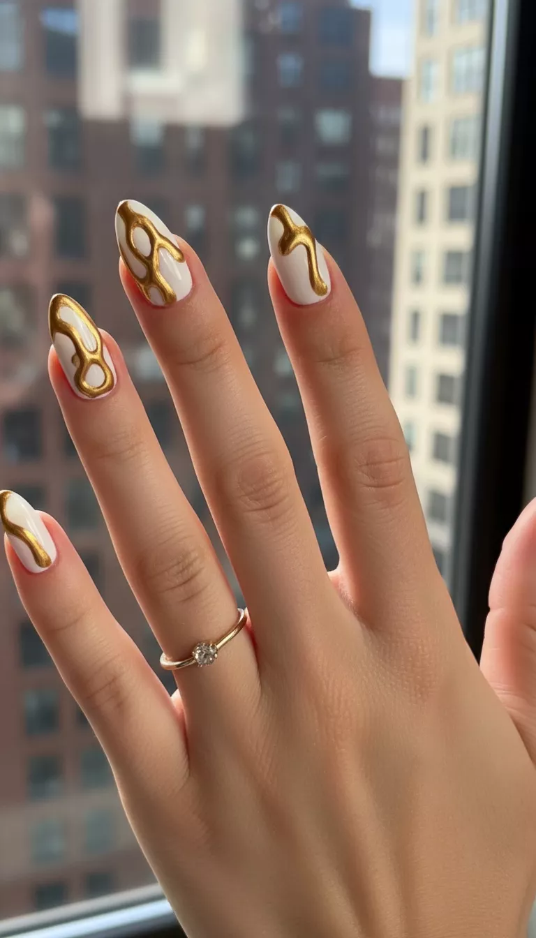 close-up shot of a woman’s hand with five fingers showing nails with a glossy white base featuring thick, uneven strokes of metallic gold polish running down from the cuticle, resembling melted chocolate, urban apartment window light.