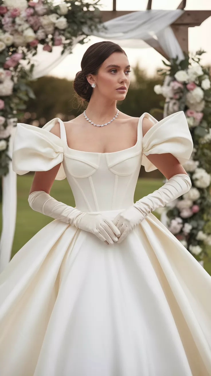 A professional photo, similar to a photo in a wedding magazine, of a bride wearing a radiant white satin wedding gown with a sharp square neckline, structured bodice, and a highly voluminous A-line skirt, complemented with chic white opera gloves.