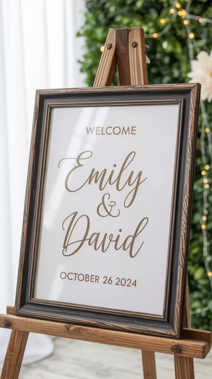 A professional photo, similar to a photo in a wedding magazine, of an oversized black picture frame from Dollar Tree, holding a professionally printed welcome sign with the couple's names and wedding date, leaning against an easel.
