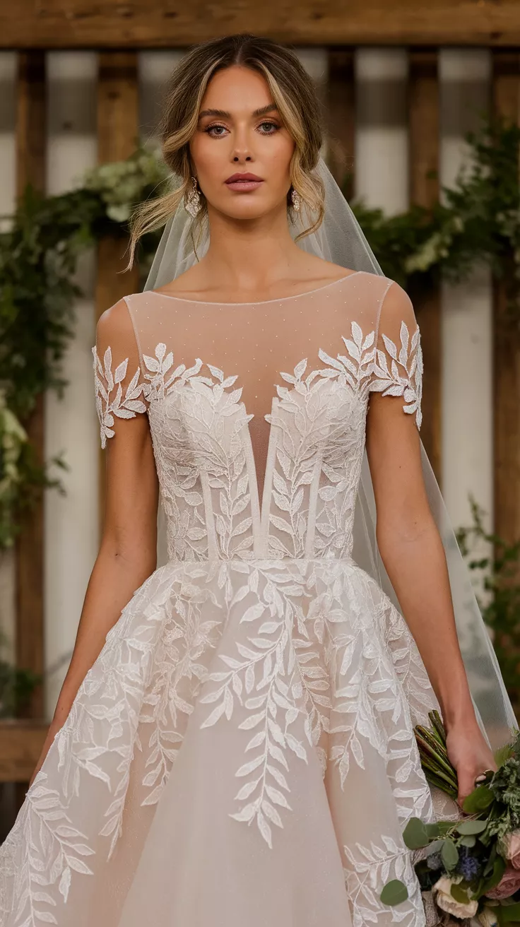 A photo of a bride wearing a gown with an off-shoulder neckline, intricate leaf-patterned lace, and a sheer boned bodice detail.