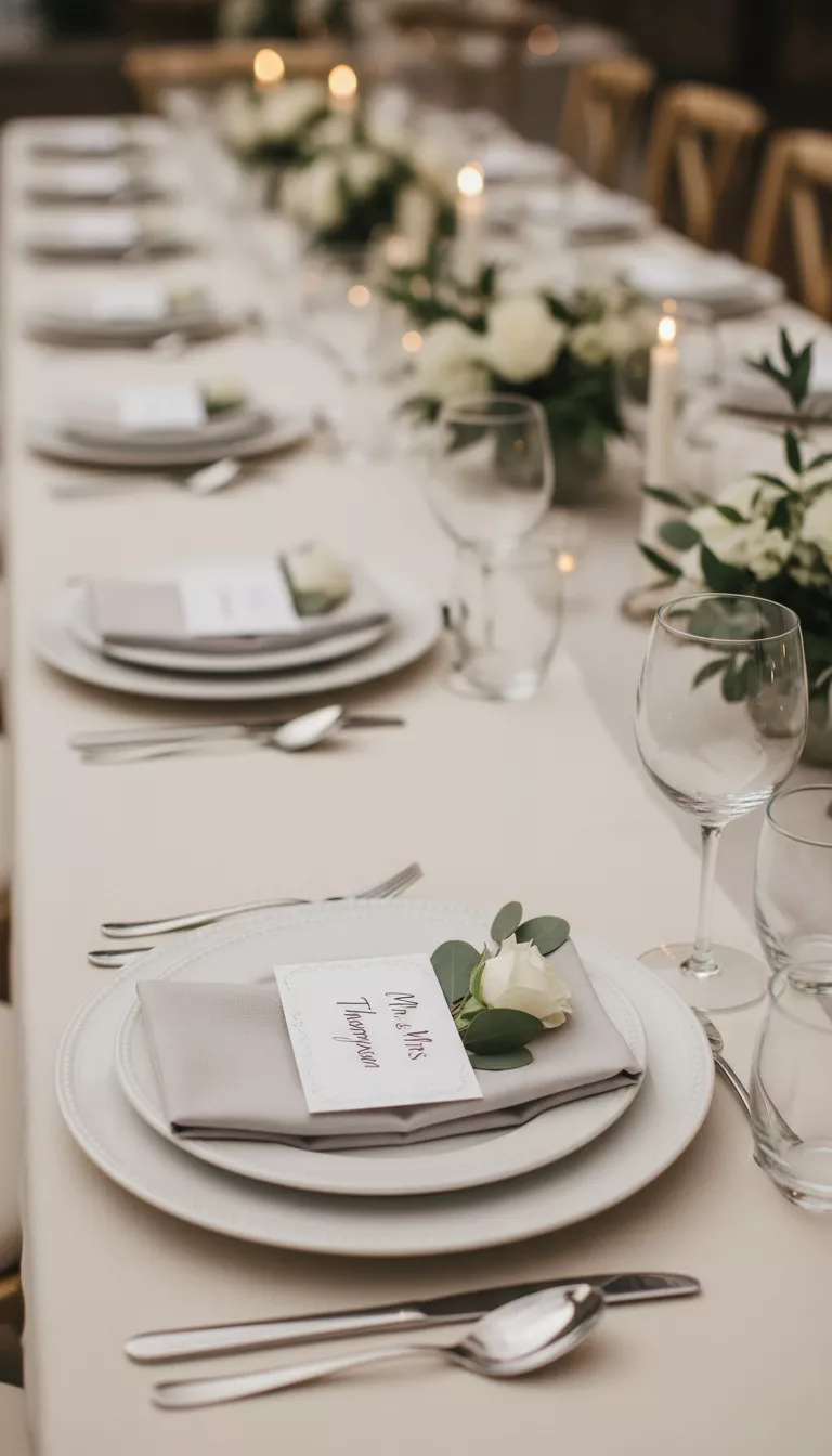 A professional photo, similar to a photo in a wedding magazine, of a classic wedding reception table setting utilizing stacked white Dollar Tree dinnerware and clear wine glasses, accented by a simple linen napkin and place card.