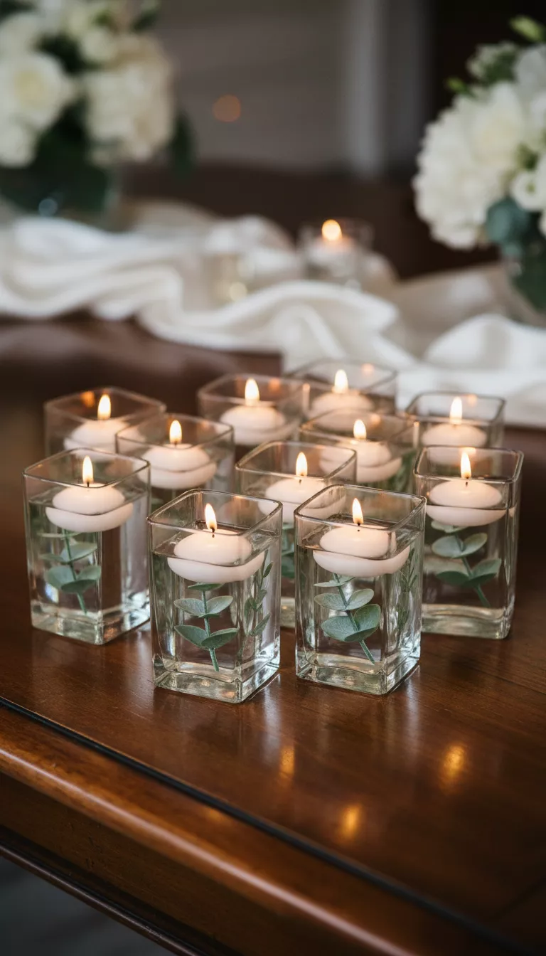 A professional photo, similar to a photo in a wedding magazine, of small rectangular glass containers holding water, each featuring a lit floating candle and a tiny sprig of faux greenery beneath the water surface.