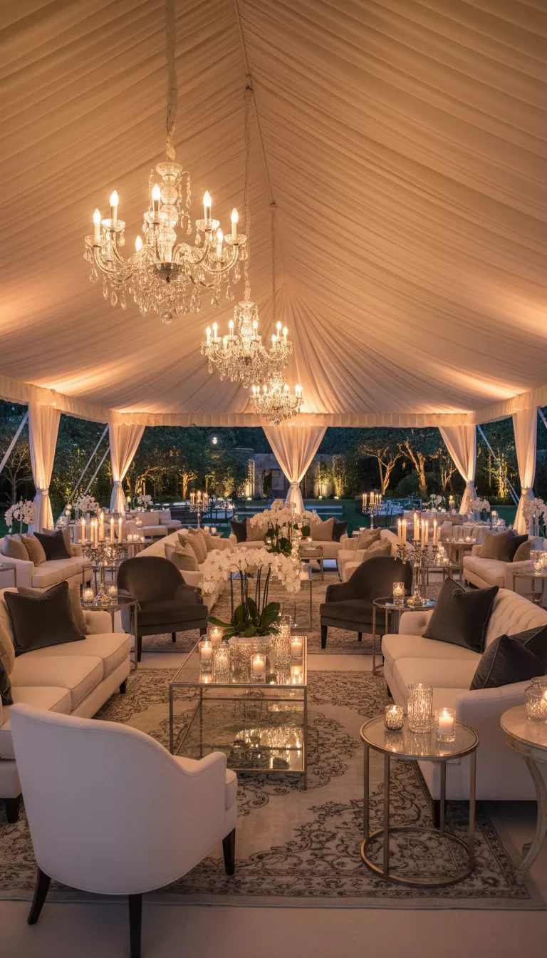A photo of an elegant tented reception area set up like a sophisticated lounge, featuring plush white and grey seating, sparkling chandeliers, and refined subtle table decorations.