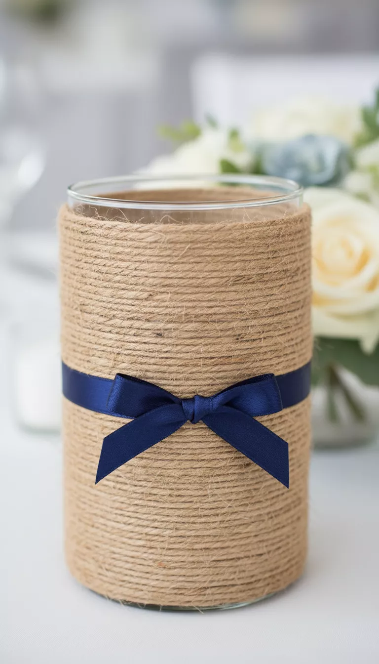 Twine or Ribbon Wrapped Vases with a Bow A professional photo, similar to a photo in a wedding magazine, of a clear glass vase entirely wrapped with natural colored twine, finished neatly with a simple contrasting navy ribbon and a small bow accent.