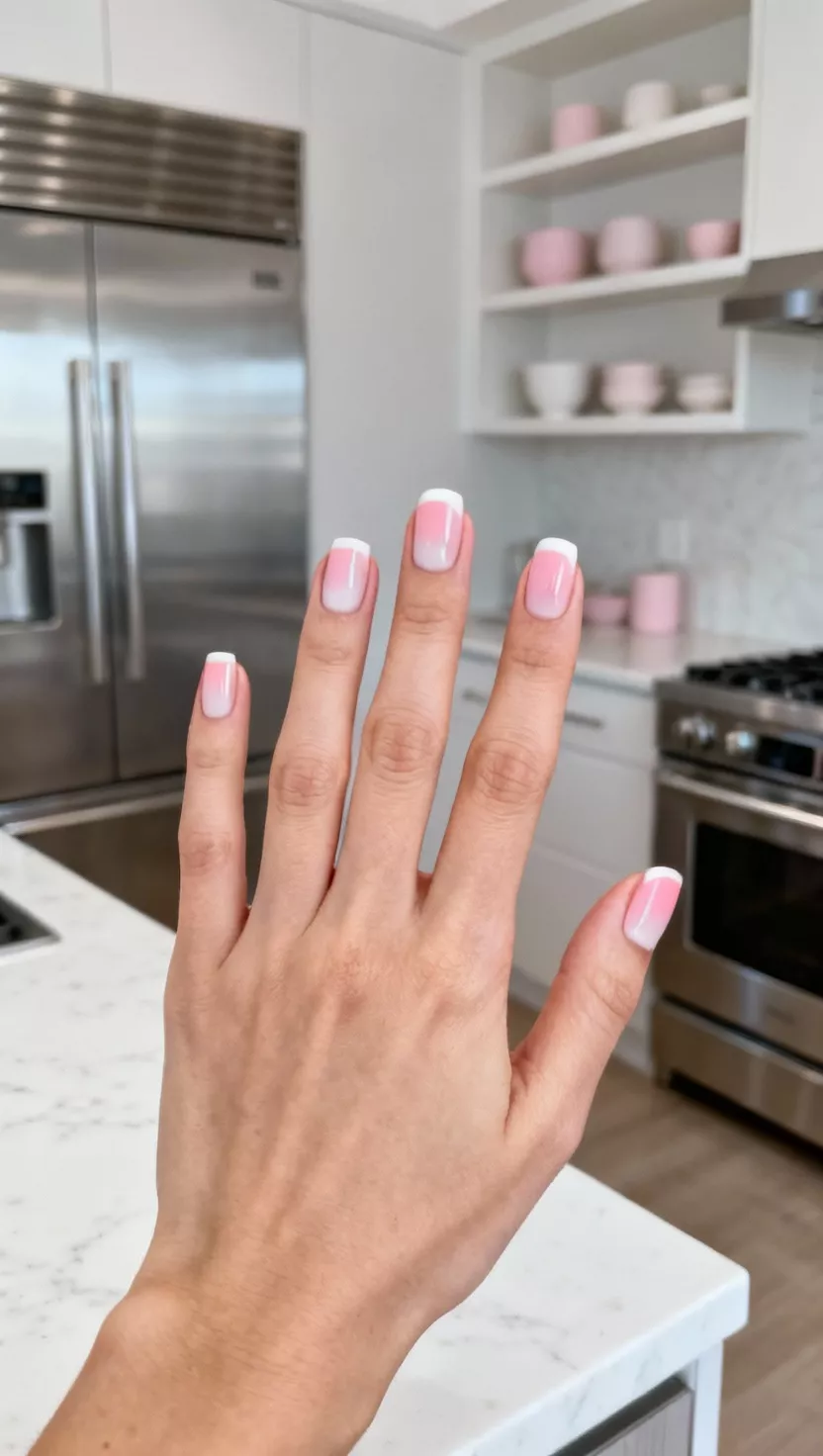 close-up shot of a woman’s hand with five fingers showing nails with a subtle pink to white gradient, known as a Baby Boomer manicure, modern kitchen background.