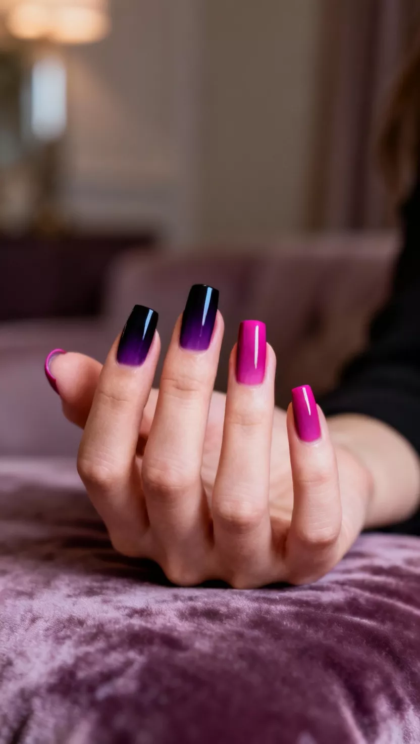 close-up shot of a woman’s hand with five fingers showing nails with a smooth vertical ombre transition from a deep, almost black purple at the cuticle to a bright, moody magenta at the tip, soft velvet room background.