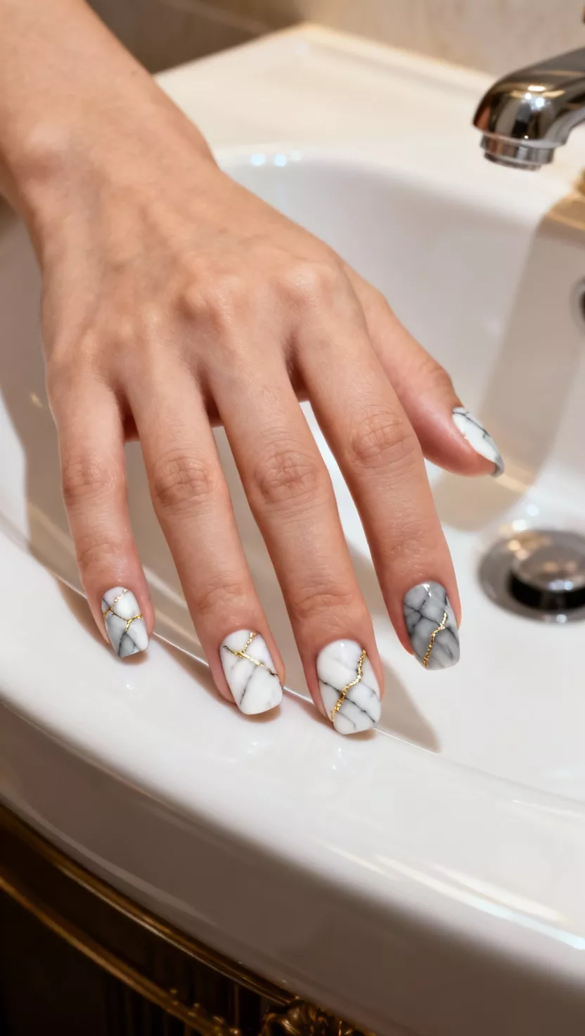 close-up shot of a woman’s hand with five fingers showing nails with a white and gray swirled marble pattern, interlaced with delicately painted fine lines of metallic gold resembling mineral veins, elegant bathroom sink.