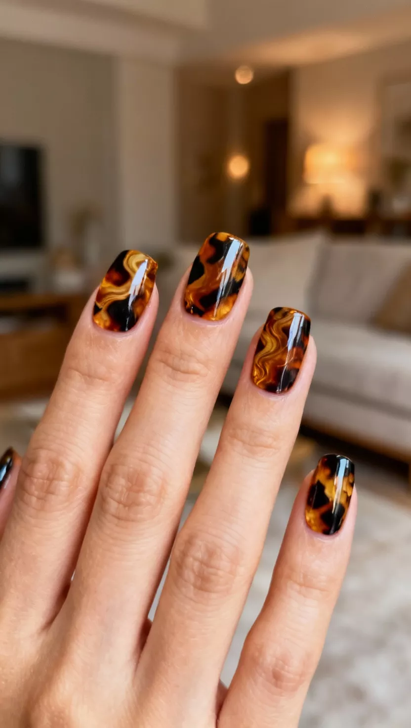close-up shot of a woman’s hand with five fingers showing nails with an abstract, amber and black tortoise shell pattern, living room background.