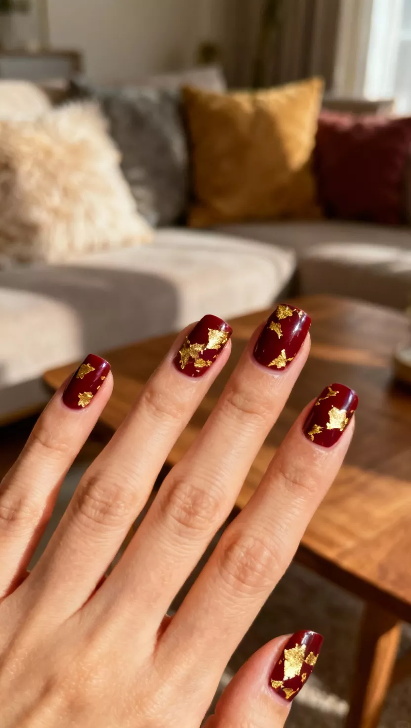close-up shot of a woman’s hand with five fingers showing nails with delicate gold leaf flakes scattered across a deep crimson base, soft natural light, cozy living room background.