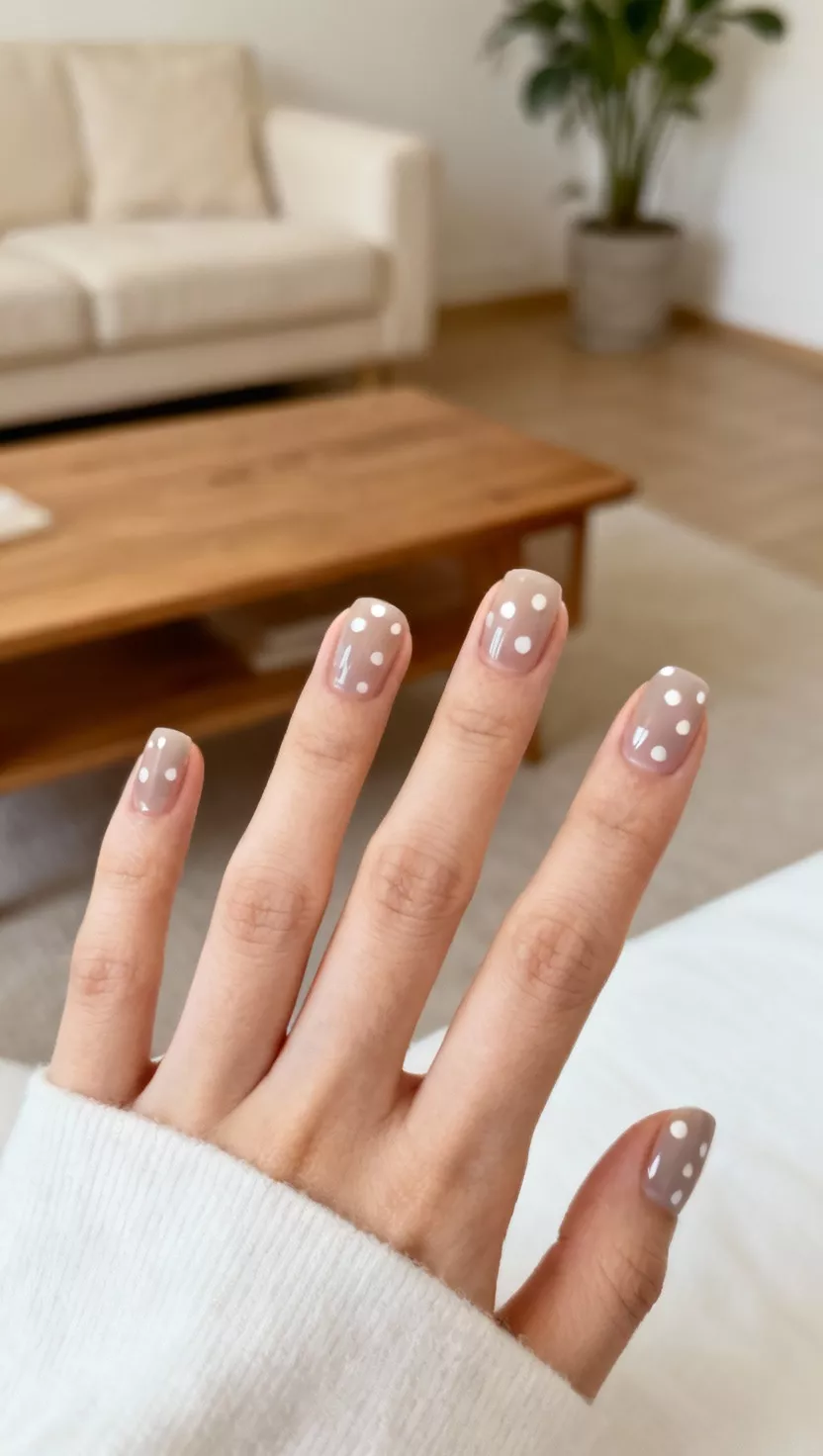 close-up shot of a woman’s hand with five fingers showing nails with a sheer neutral base and tiny, irregularly placed white polka dots, living room background.