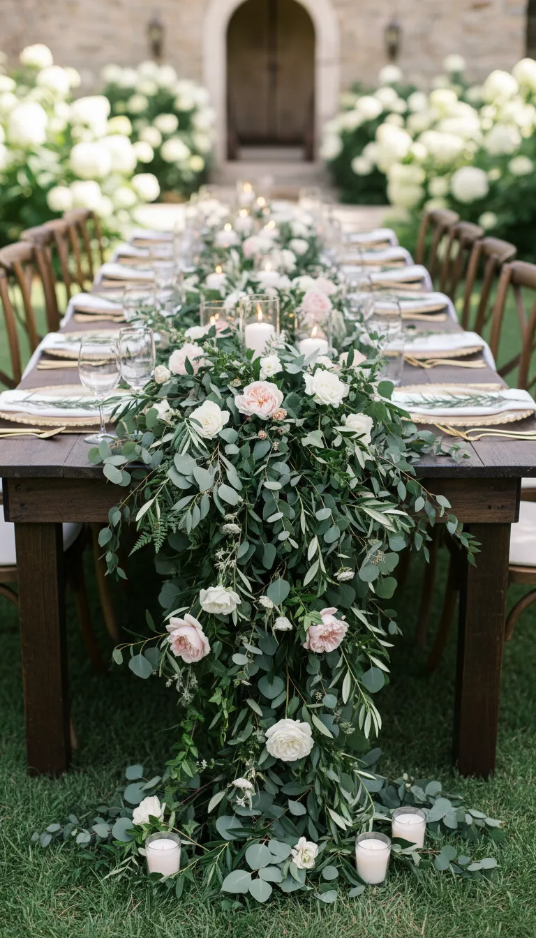 A professional photo, similar to a photo in a wedding magazine, of a lavish, overflowing runner of deep green eucalyptus and mixed foliage extending down the center of a long wooden reception table.