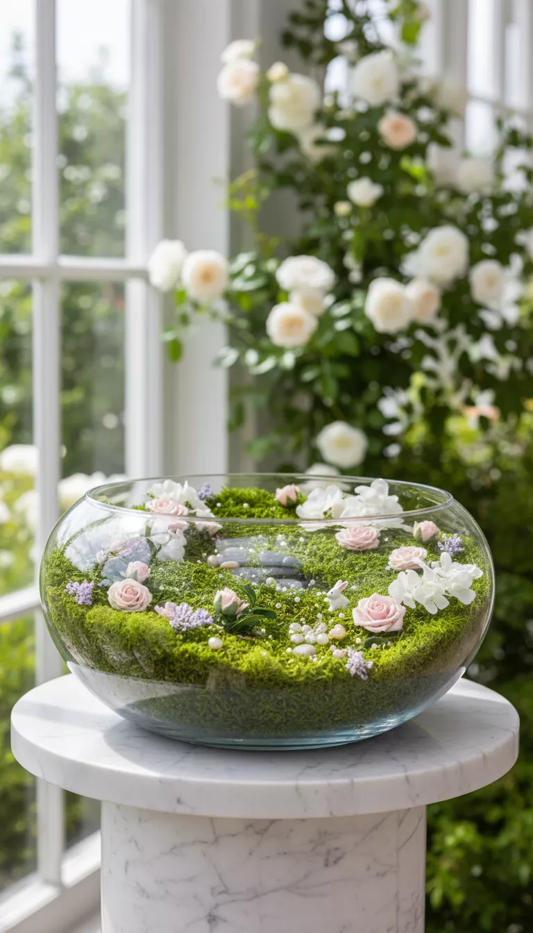 Artificial Moss and Faux Flowers in Bowls A professional photo, similar to a photo in a wedding magazine, of a wide shallow glass bowl filled with vibrant artificial moss and a scattering of small, delicate faux flowers, showcasing a miniature garden effect.