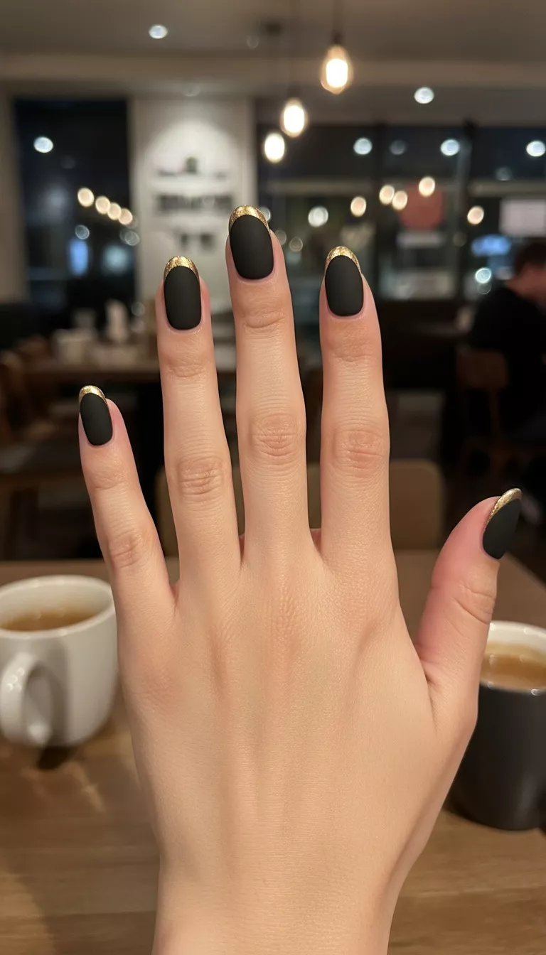 close-up shot of a woman’s hand with five fingers showing nails with a completely matte black finish and precise, slightly mirrored gold chrome applied only to the tips creating a subtle French style, dimly lit café background.