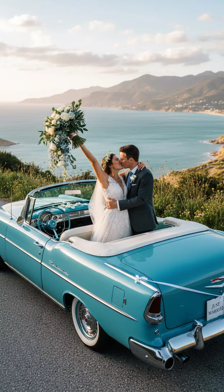 A Vintage Getaway Kiss A photo of a newly married couple kissing in a vintage blue convertible, the bride joyfully raising her bouquet with a beautiful scenic backdrop.
