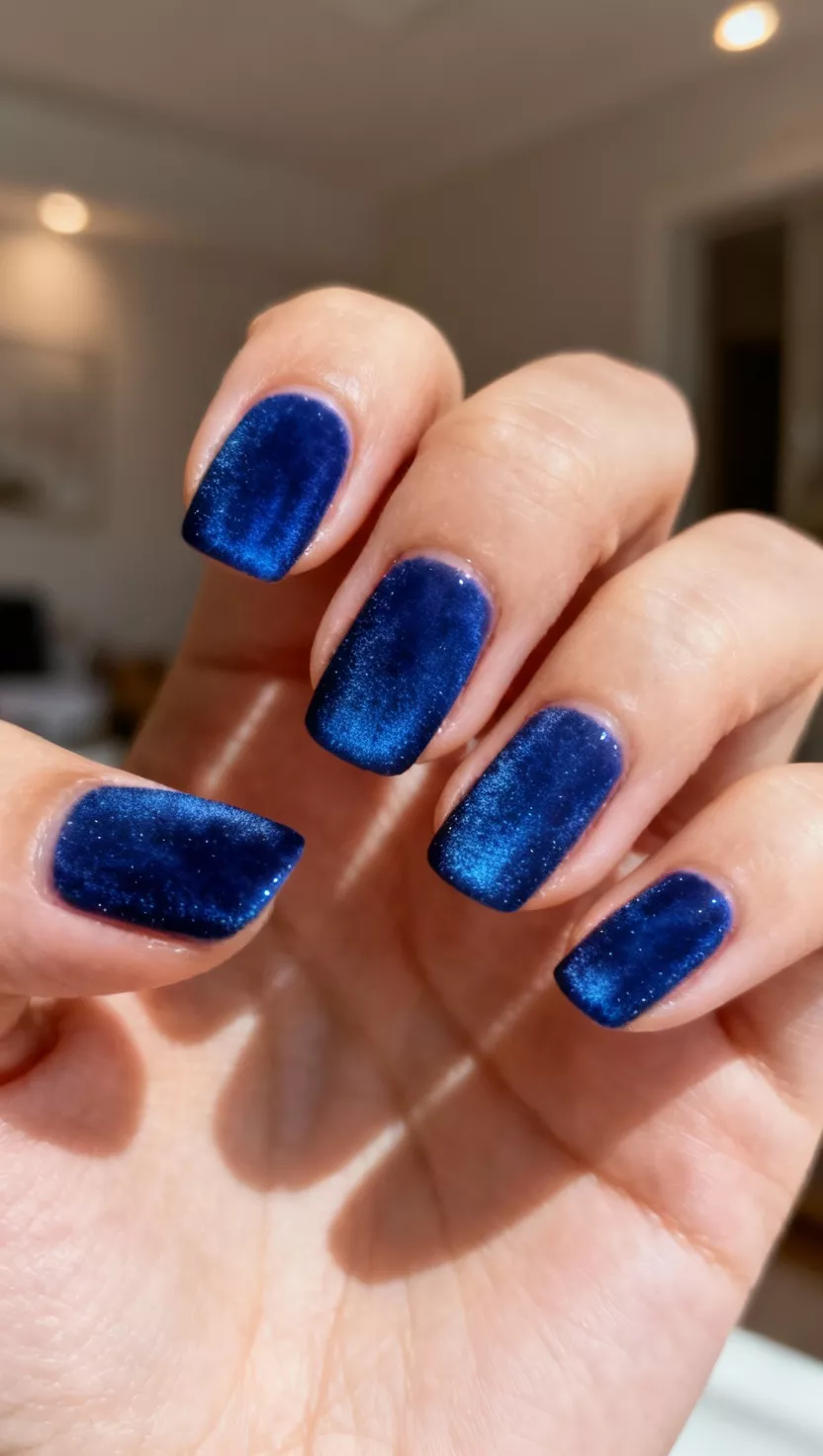 Velvet Texture Nails in Sapphire close-up shot of a woman’s hand with five fingers showing nails with a striking sapphire blue polish utilizing magnetic particles to create a textured, deep velvet effect that changes with the light, room background.