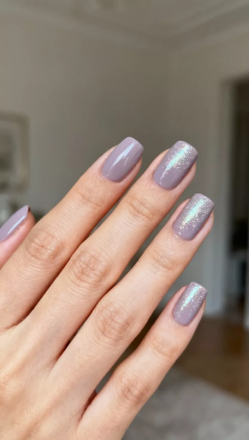 Dusty Lavender with Micro Glitter close-up shot of a woman’s hand with five fingers showing nails with a soft, opaque dusty lavender cream polish, uniformly finished with a sheer top coat containing super fine, holographic silver micro-glitter particles for a subtle sparkle, room background.