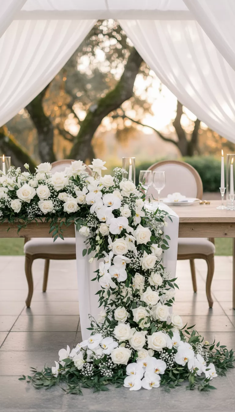 A professional photo, similar to a photo in a wedding magazine, of a long, narrow sweetheart table decorated with a massive, dramatically cascading floral centerpiece, featuring white orchids and roses that spill onto the floor, accentuating the table
