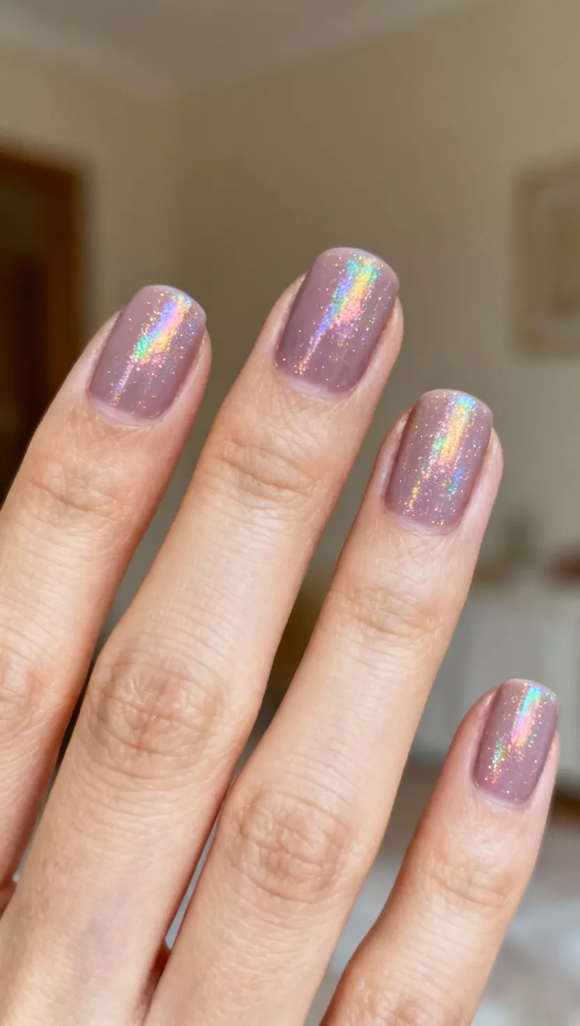close-up shot of a woman’s hand with five fingers showing nails with a neutral, slightly sheer mauve base polish, topped with a delicate layer of ultra-fine holographic glitter that reflects the rainbow in subtle, varied lighting, room background.