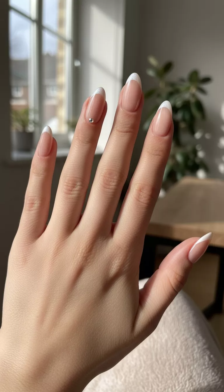 close-up shot of a woman’s hand with five fingers showing nails with a classic nude base and a thin, slightly shimmery, frosty white French tip, room background.