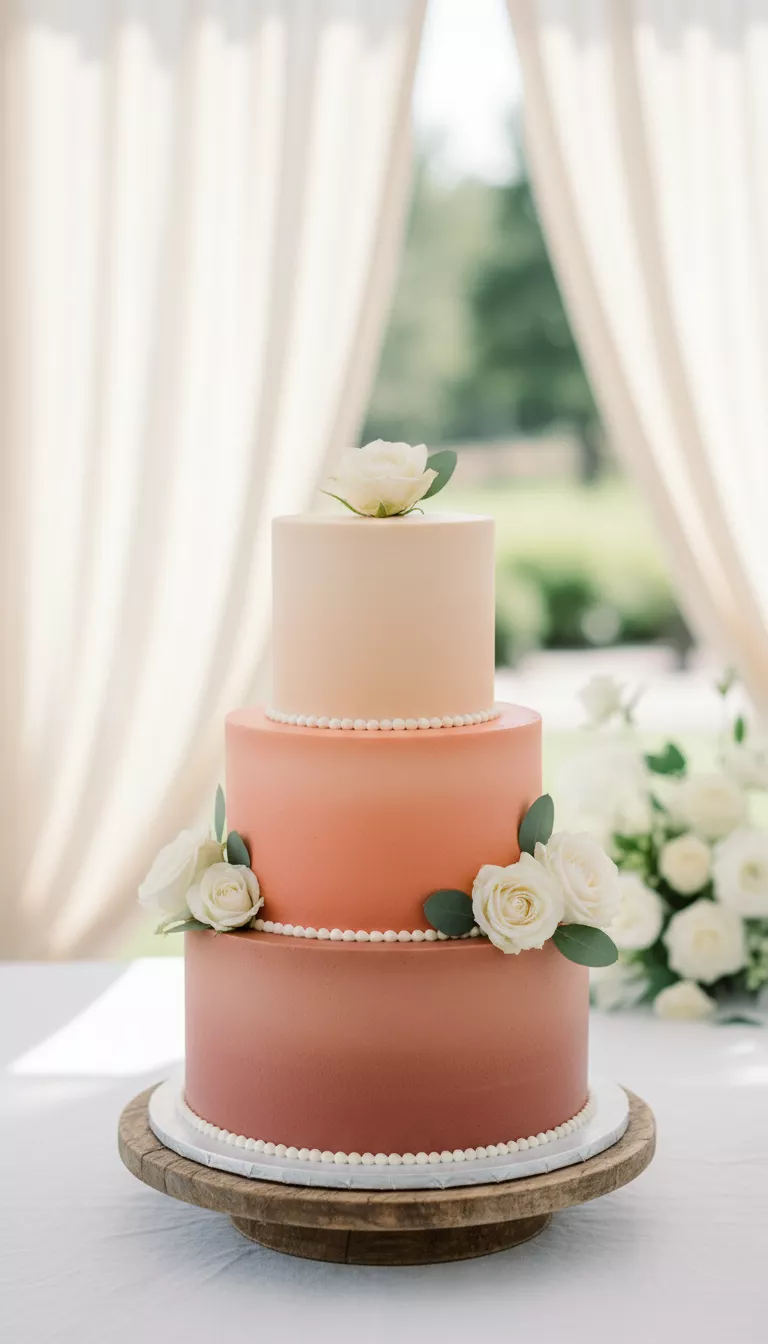 A professional photo, similar to a photo in a wedding magazine, of a delicate three-tiered round cake transitioning smoothly from a soft peach at the top to a rich dusty rose at the bottom, adorned with minimal white buttercream piping.