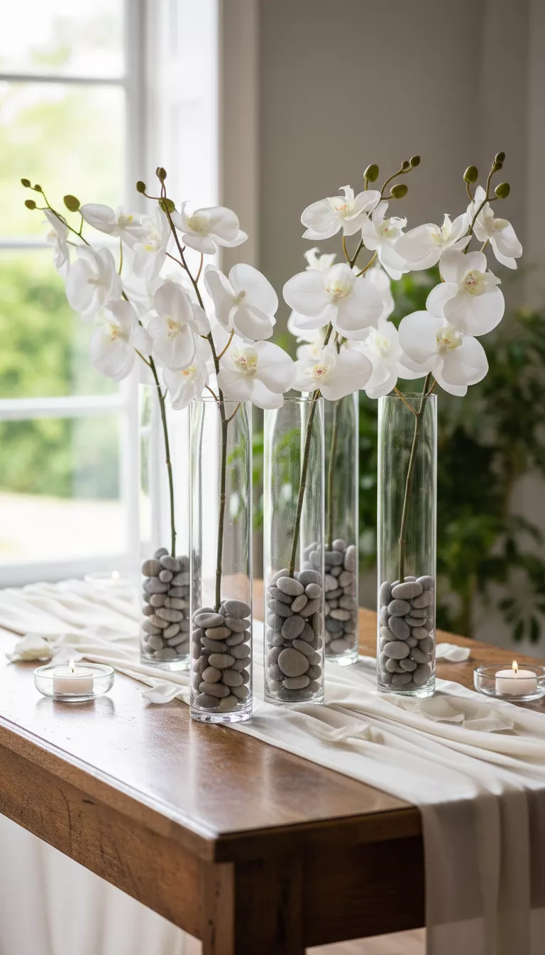 River Rocks and Latex Orchids for Natural Elegance A professional photo, similar to a photo in a wedding magazine, of sleek clear vases containing smooth gray river pebbles and delicate white latex orchids, positioned on a wooden table.