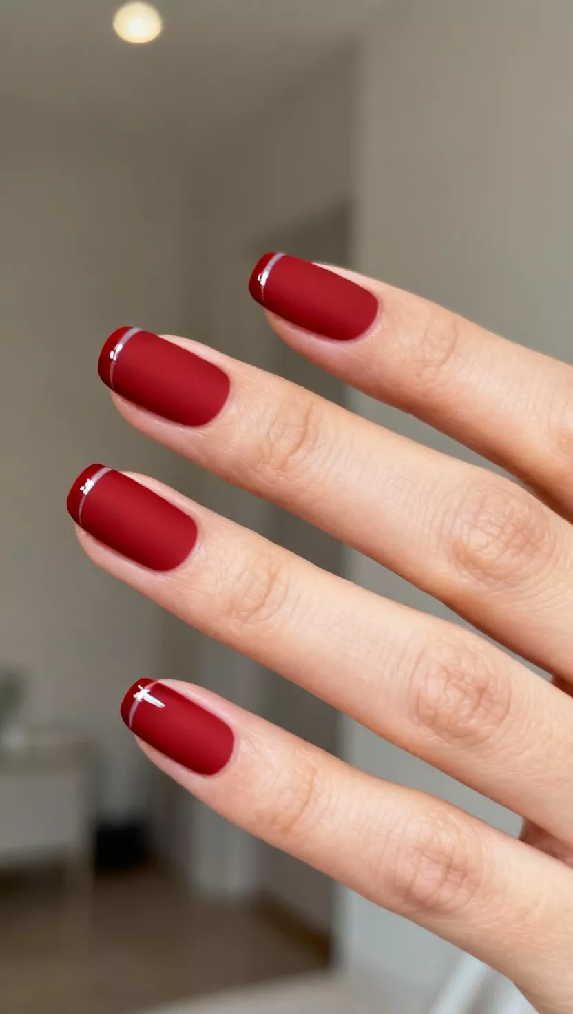 Matte Red with Glossy Red Tips close-up shot of a woman’s hand with five fingers showing nails with a warm, scarlet red polish covering the entire nail, finished with a matte top coat, except for the tip which is finished with a strip of glossy top coat for a subtle, textural French tip, room background.