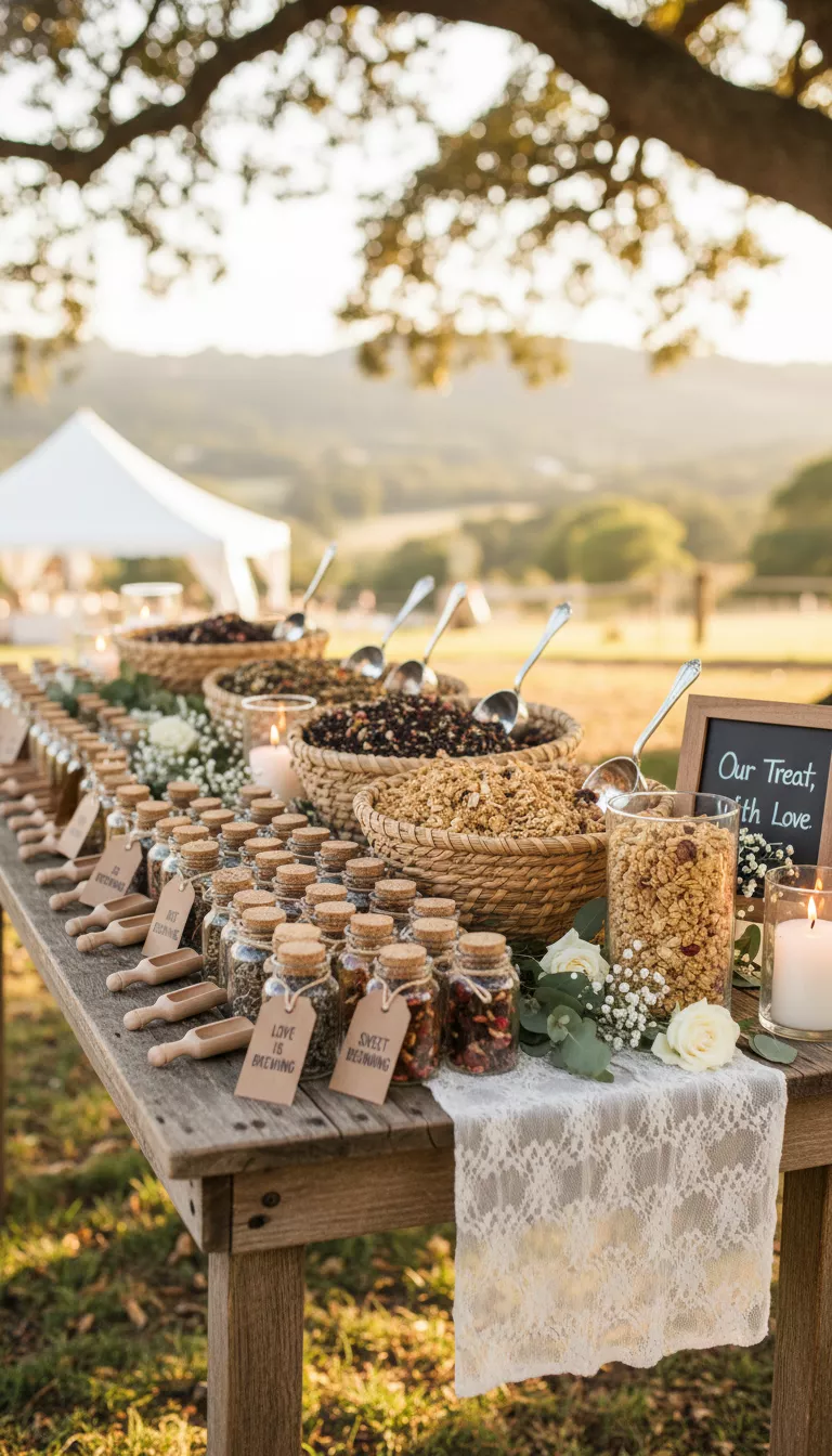 A professional photo, similar to a photo in a wedding magazine, of a charming, rustic table set up with small, personalized jars and scoops for guests to fill with loose leaf tea or homemade granola as a wedding favor.