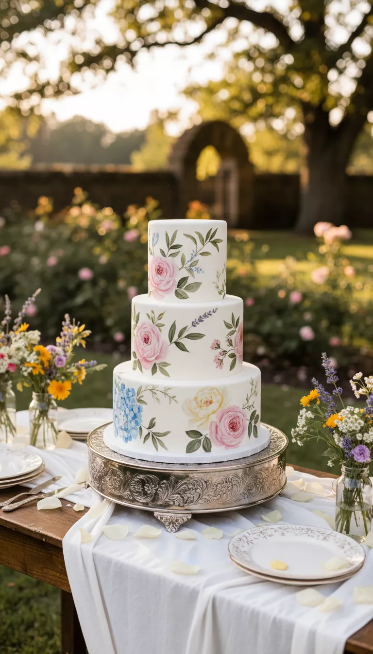 A photo of a classic three-tier white wedding cake, delicately decorated with beautiful painted flowers in soft pastel colors and small green leaves, presented on a charming outdoor dessert table.