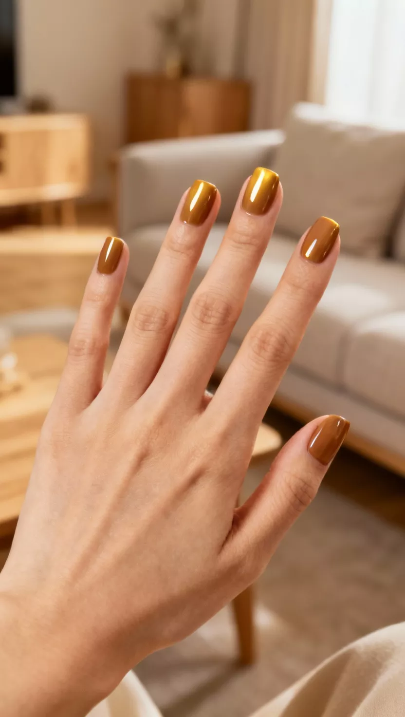 close-up shot of a woman’s hand with five fingers showing nails with a rich, creamy coffee-colored polish, living room background.