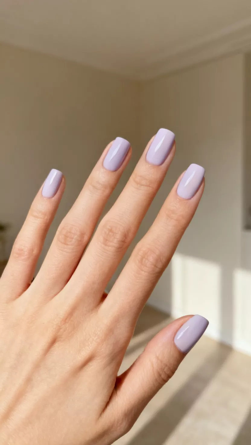close-up shot of a woman’s hand with five fingers showing nails with a creamy, pale lavender polish with a smooth, opaque finish, room background.