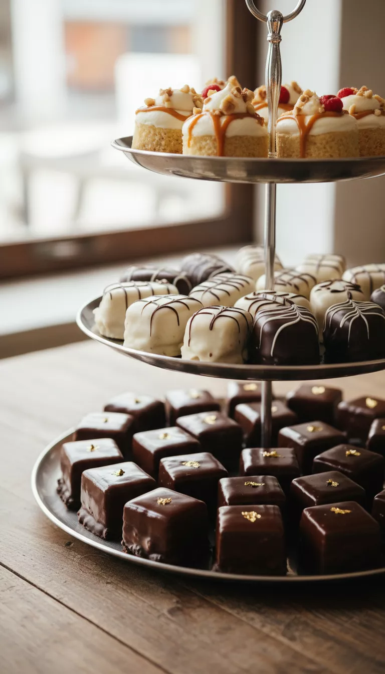 A photo of a delectable assortment of mini desserts arranged on tiered serving trays, featuring glossy chocolate squares, elegant white and black glazed petit fours, and small individual cakes.