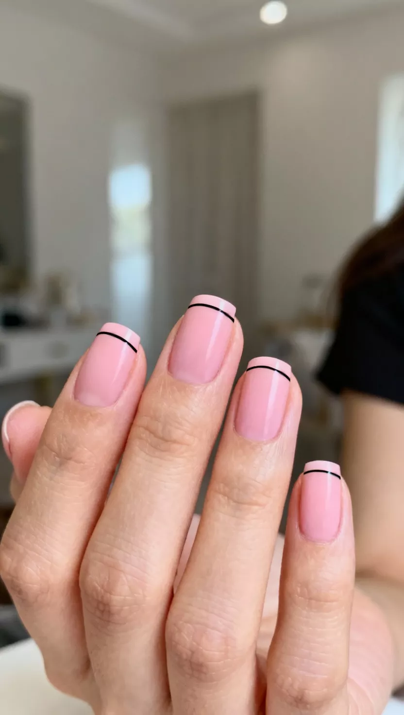 Minimalist Black Micro French Tip close-up shot of a woman’s hand with five fingers showing nails with a natural pink base and an extremely thin, delicate black line painted directly across the very edge of the nail tips, room background.