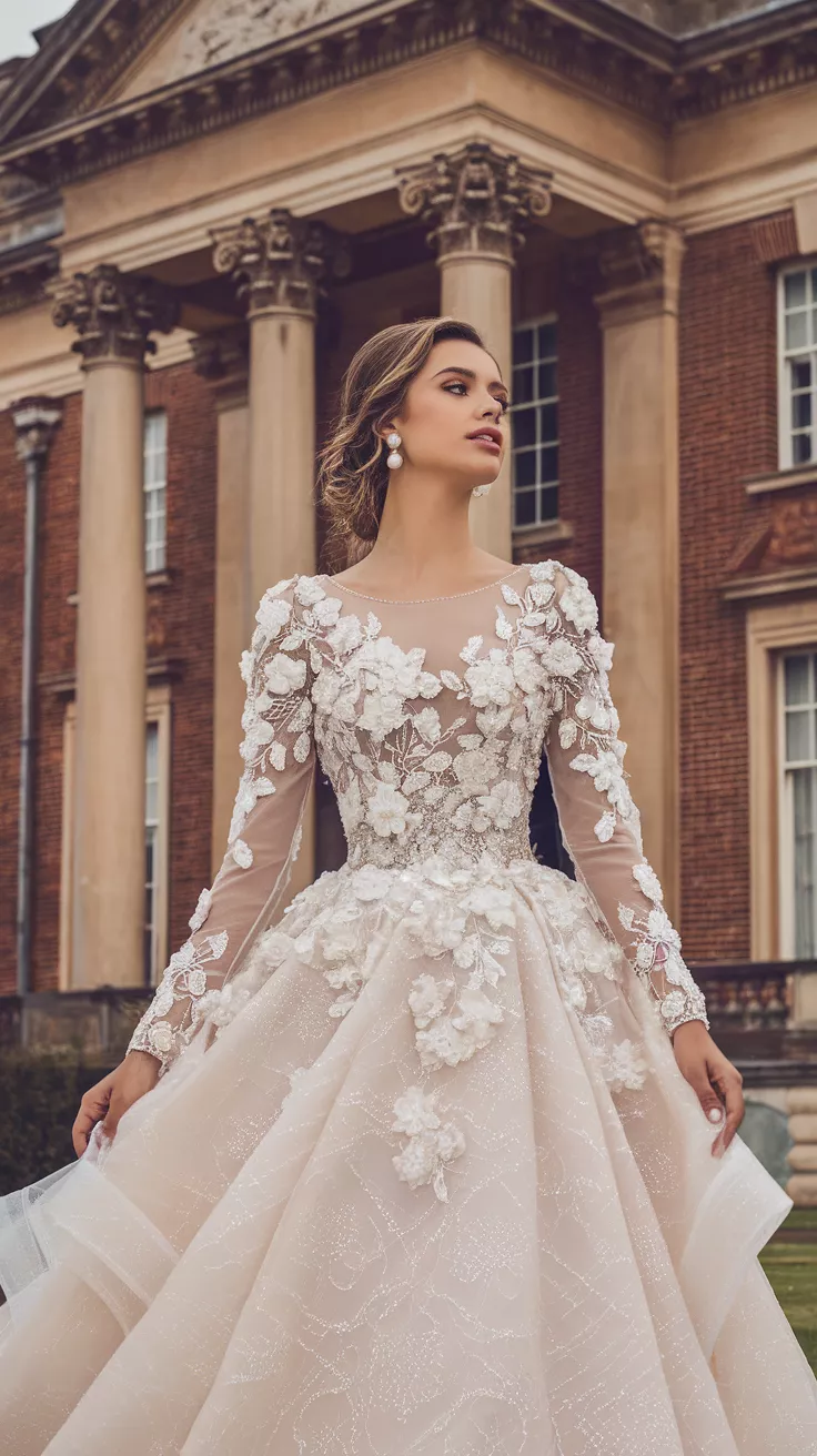 A photo of a bride wearing a long-sleeved illusion neckline gown with floral appliqués and a voluminous skirt standing gracefully in front of a grand manor.
