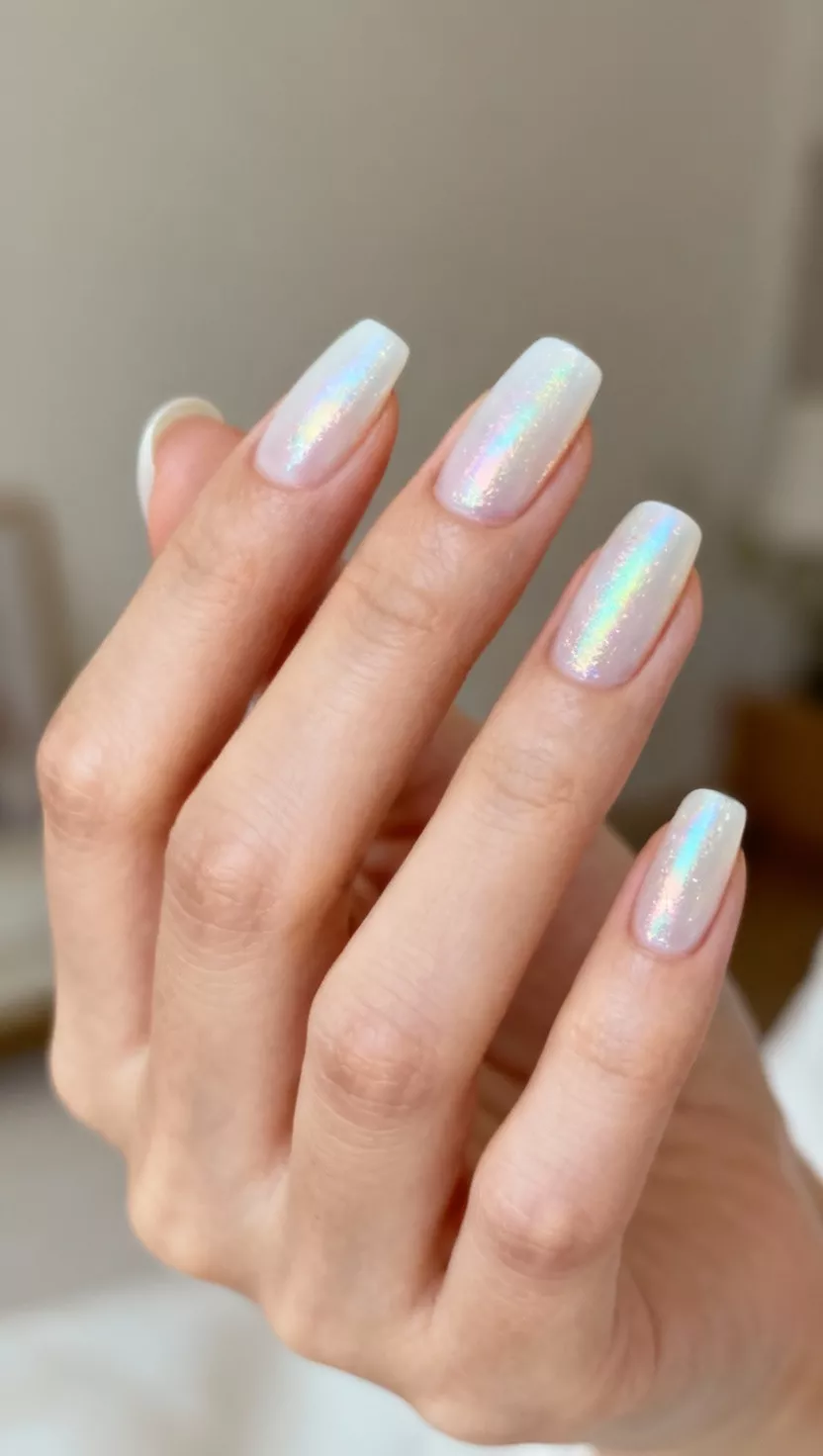 Shimmering Pearl White Ombre close-up shot of a woman’s hand with five fingers showing nails with a seamless vertical ombre effect, transitioning from a milky white at the cuticle to a pure, iridescent pearl white at the tip, room background.