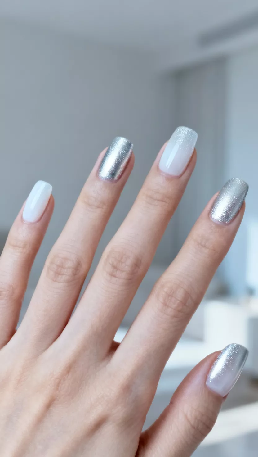 Frosted Chrome Finish close-up shot of a woman’s hand with five fingers showing nails with a pale silver chrome powder over a milky white base, featuring a subtle, icy shimmer, room background.