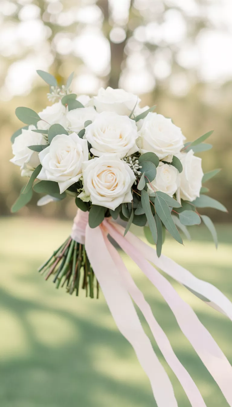 Ethereal White Bouquet A photo of a delicate and beautiful wedding bouquet composed of white roses, soft eucalyptus leaves, and subtle flowing pink ribbons, giving an elegant, ethereal appearance.