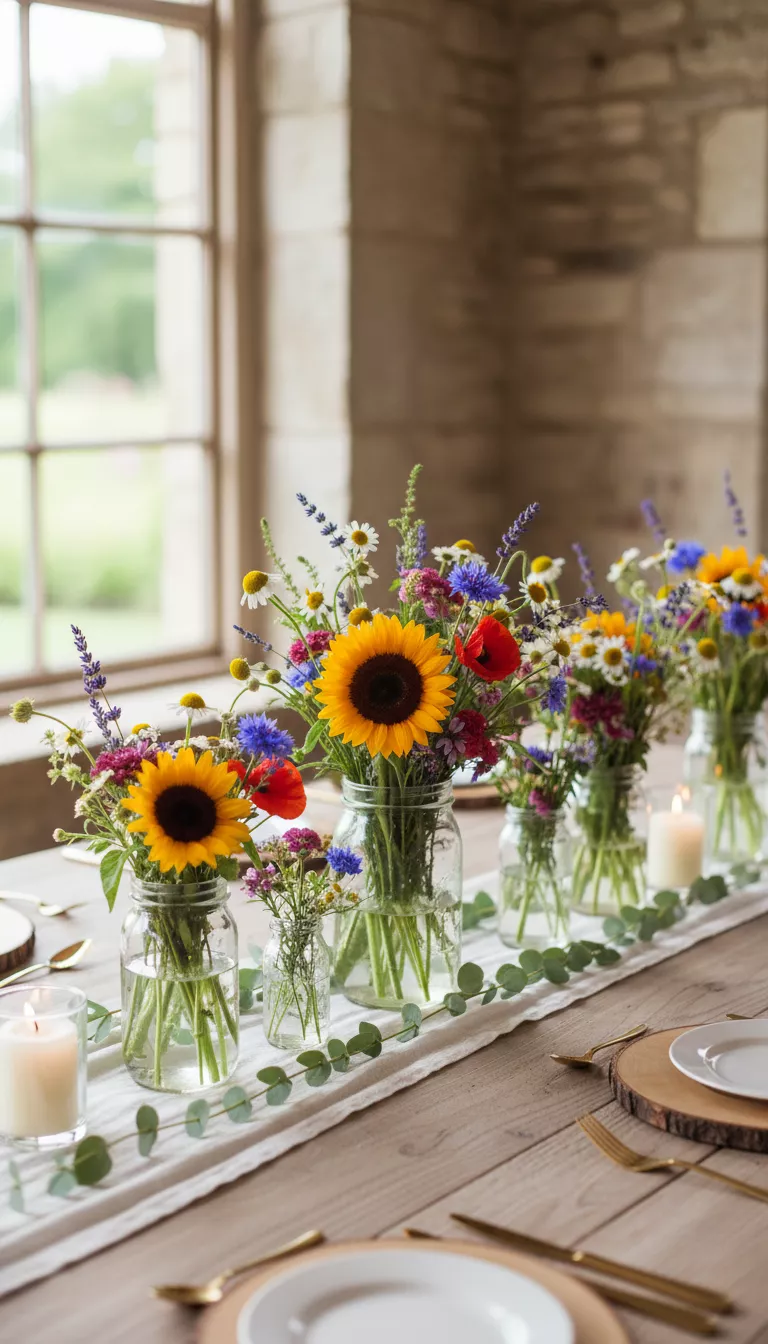 A professional photo, similar to a photo in a wedding magazine, of charming, low centerpieces made from brightly colored wildflowers loosely arranged in mason jars on a linen runner.