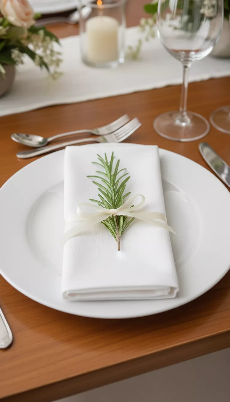 A professional photo, similar to a photo in a wedding magazine, of a neatly folded white linen napkin encircled by a small sprig of faux rosemary greenery tied with a thin ivory satin ribbon, resting on a white dinner plate.