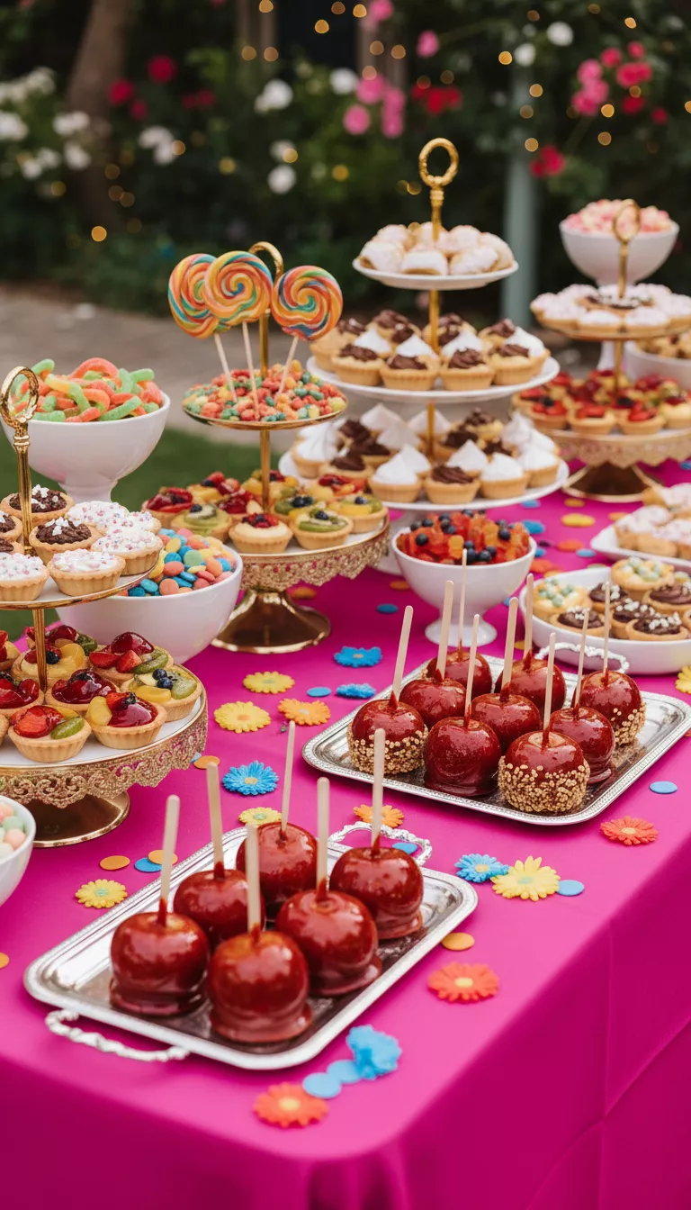 A photo of an exciting, vibrant wedding dessert table with a bright pink tablecloth, presenting a diverse selection of colorful candies, small tarts, and shiny caramel apples arranged on multi-tiered, ornate display stands.