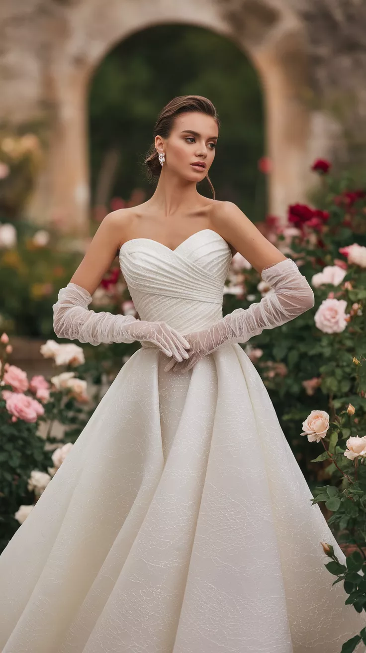 A professional photo, similar to a photo in a wedding magazine, of a bride wearing a flowing white strapless wedding gown with a beautifully draped, textured bodice, featuring long, sheer, ruched gloves, adding an exquisite elegant detail to the ensemble.