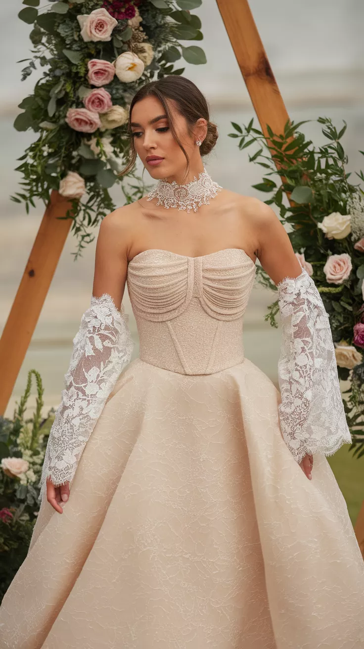 A photo of a bride wearing a strapless gown with a textured bodice, a lace choker, and detached lace sleeves amidst floral arrangements.