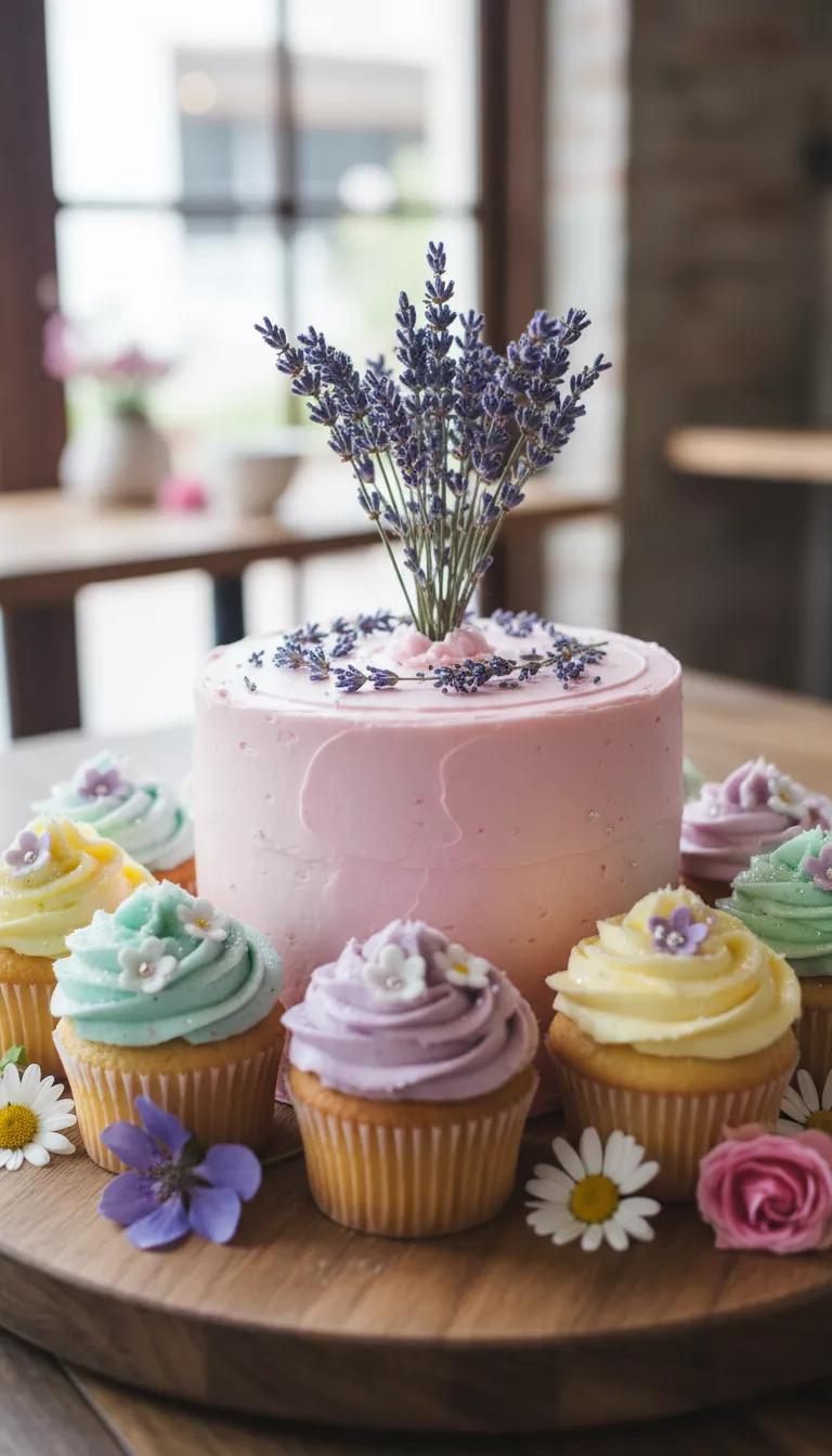 Charming Dessert Display A photo of a charming small pink frosted cake topped with lavender, surrounded by an assortment of colorful matching cupcakes and a few small loose flowers.